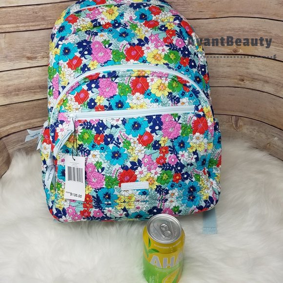 Vera Bradley Far Out Floral Essential Backpack Bookbag Blue Red New Cotton Quilt